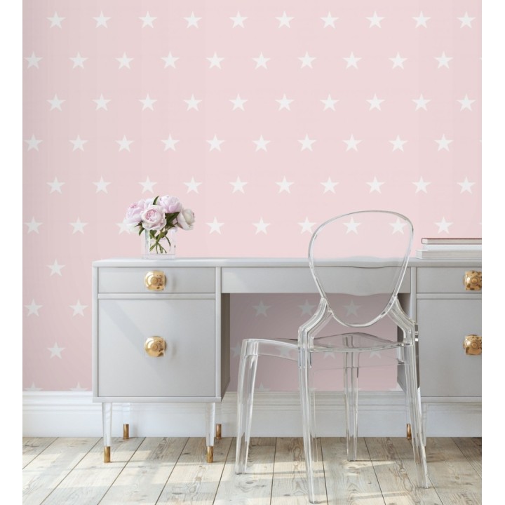 Papel pintado infantil de estrellas color blanco nácar fondo rosa roto mate - Keira Stars 128298