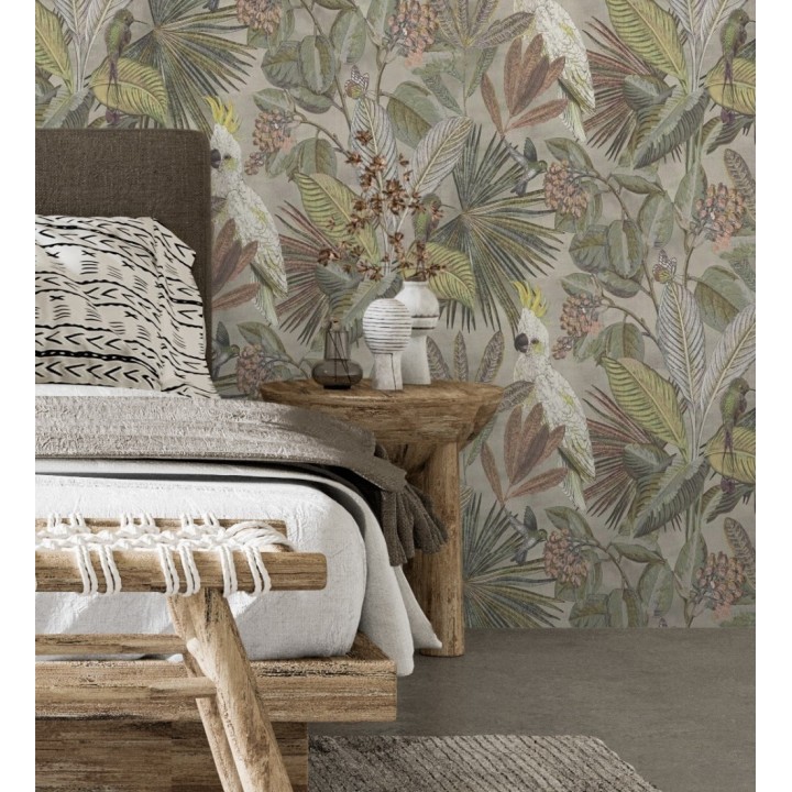 Papel pintado de cacatúas loros y hojas estilo selva tropical - Caledonia Birds 128304