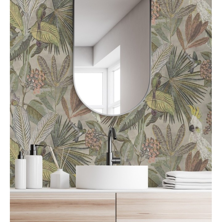 Papel pintado de cacatúas loros y hojas estilo selva tropical - Caledonia Birds 128304
