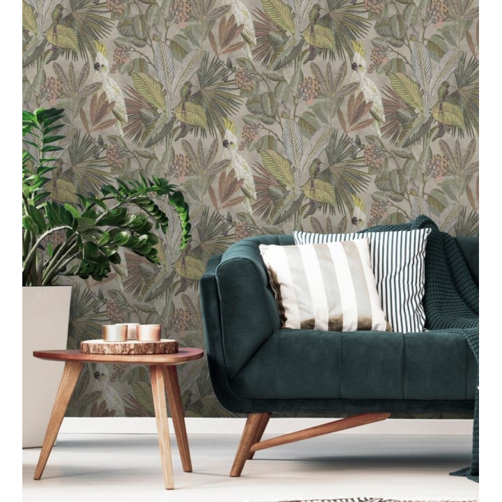 Papel pintado de cacatúas loros y hojas estilo selva tropical - Caledonia Birds 128304