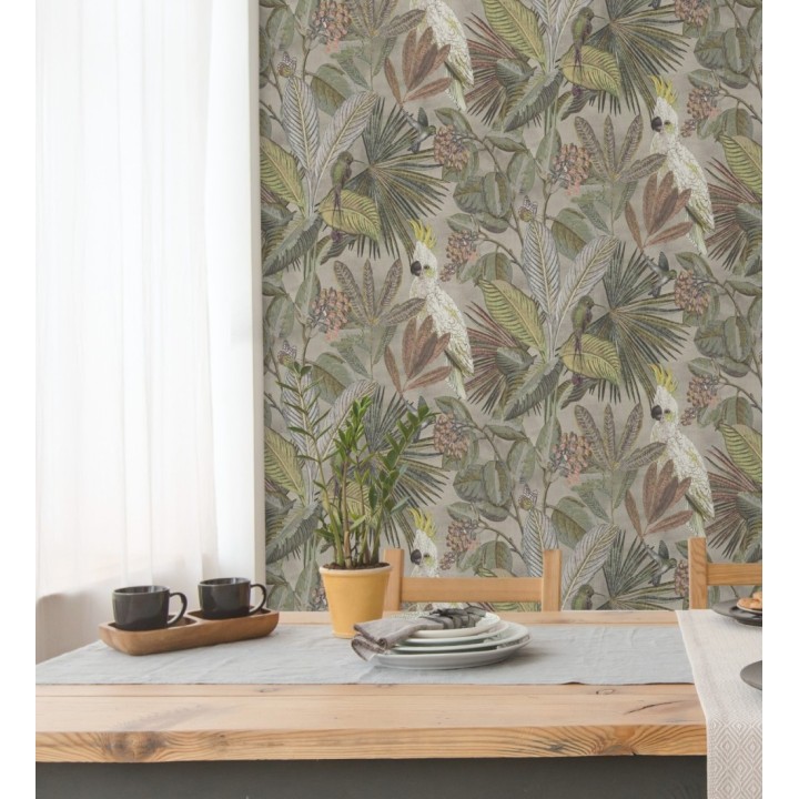 Papel pintado de cacatúas loros y hojas estilo selva tropical - Caledonia Birds 128304