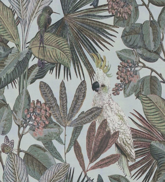 Papel pintado de cacatúas loros y hojas estilo selva tropical - Caledonia Birds 128305