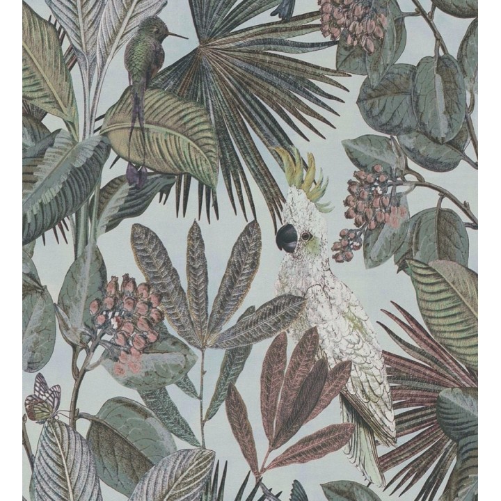 Papel pintado de cacatúas loros y hojas estilo selva tropical - Caledonia Birds 128305