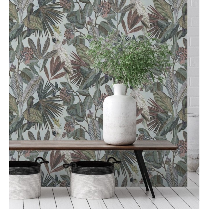 Papel pintado de cacatúas loros y hojas estilo selva tropical - Caledonia Birds 128305
