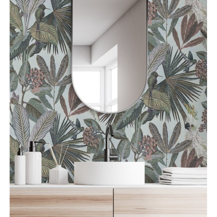 Papel pintado de cacatúas loros y hojas estilo selva tropical - Caledonia Birds 128305