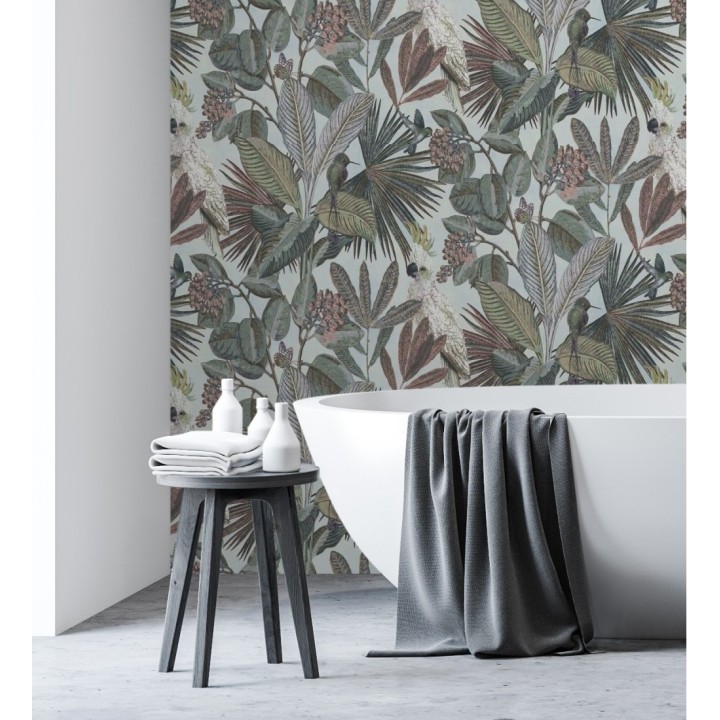 Papel pintado de cacatúas loros y hojas estilo selva tropical - Caledonia Birds 128305