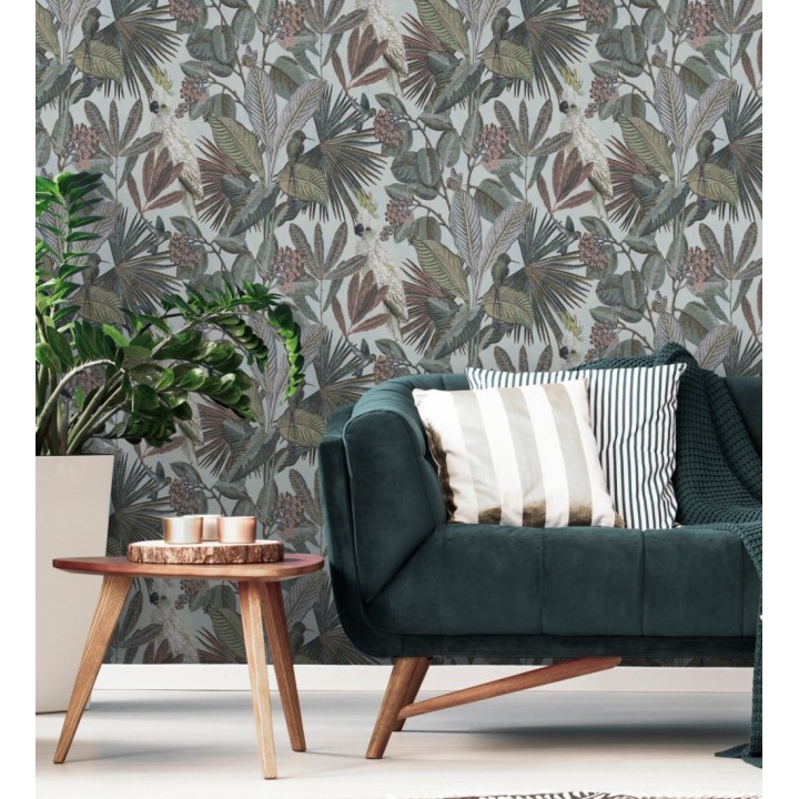 Papel pintado de cacatúas loros y hojas estilo selva tropical - Caledonia Birds 128305