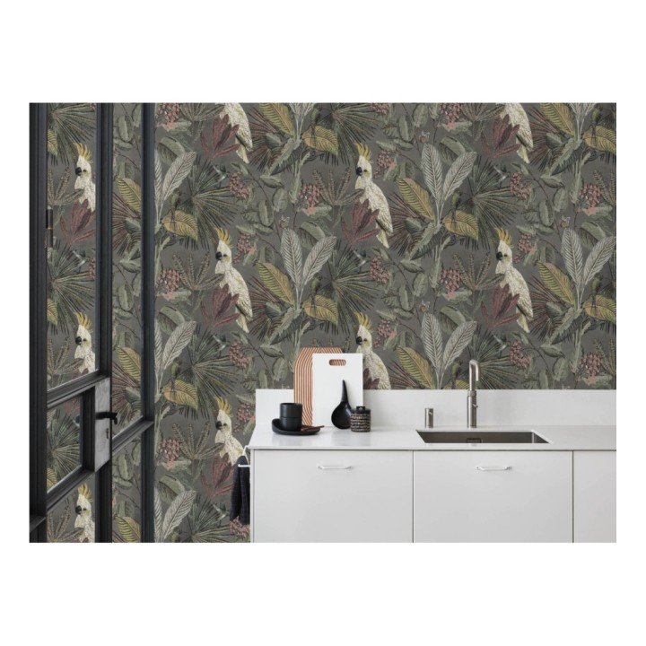Papel pintado de cacatúas loros y hojas estilo selva tropical - Caledonia Birds 128306