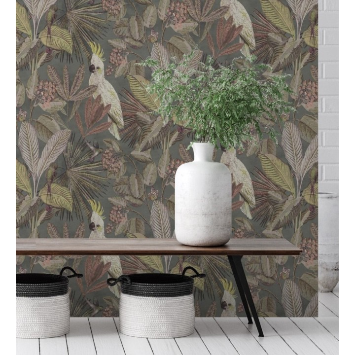 Papel pintado de cacatúas loros y hojas estilo selva tropical - Caledonia Birds 128306