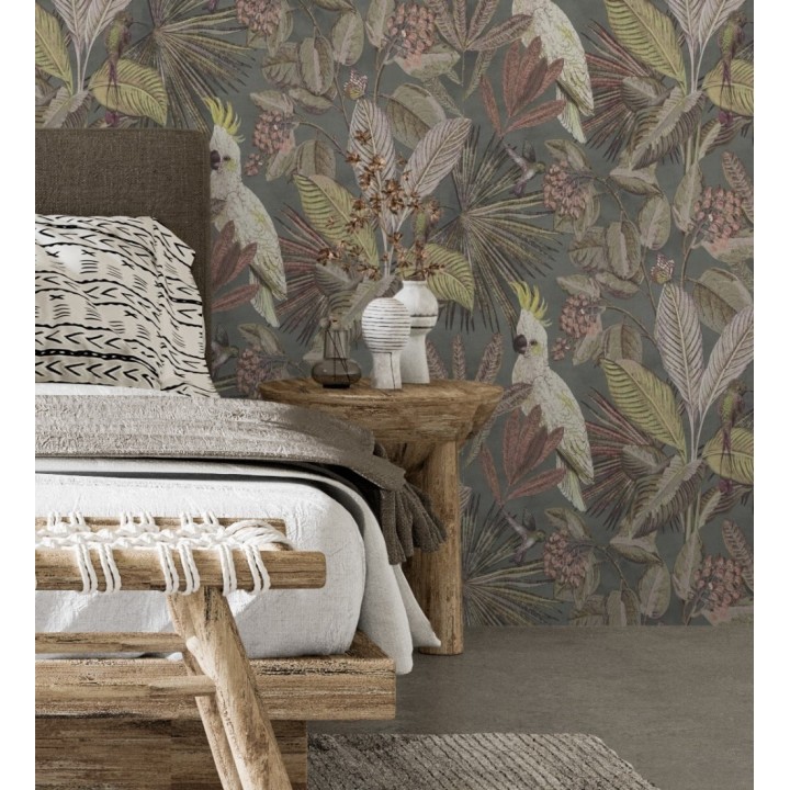 Papel pintado de cacatúas loros y hojas estilo selva tropical - Caledonia Birds 128306
