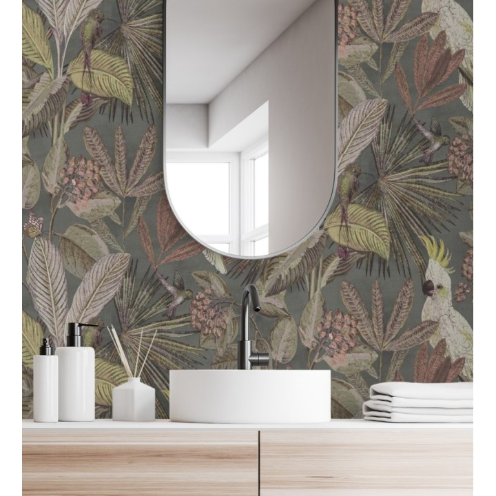 Papel pintado de cacatúas loros y hojas estilo selva tropical - Caledonia Birds 128306