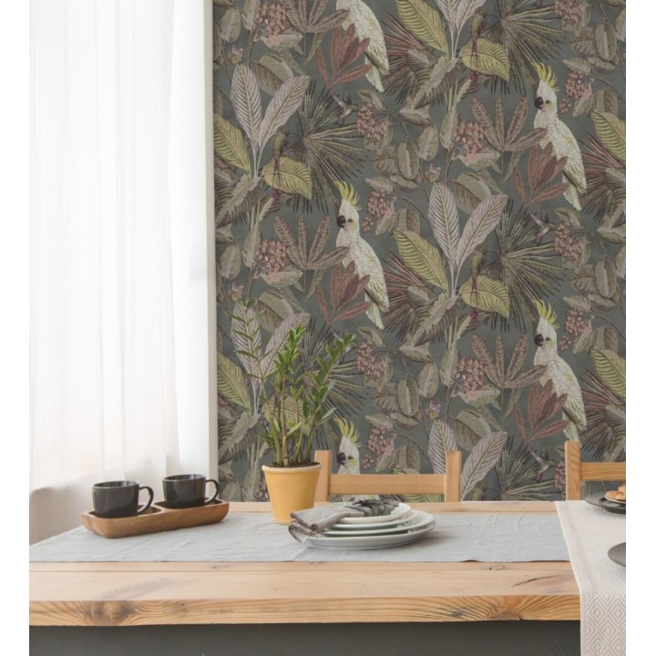Papel pintado de cacatúas loros y hojas estilo selva tropical - Caledonia Birds 128306