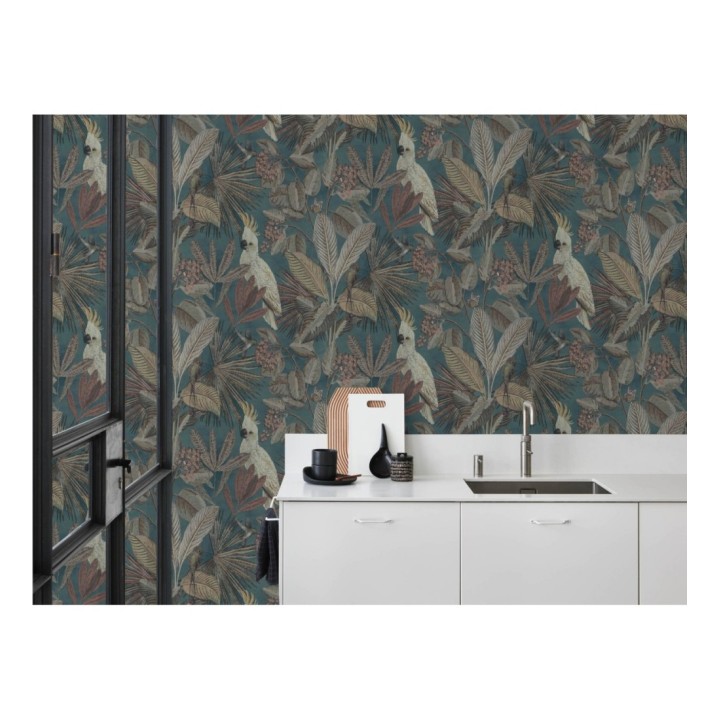 Papel pintado de cacatúas loros y hojas estilo selva tropical - Caledonia Birds 128307