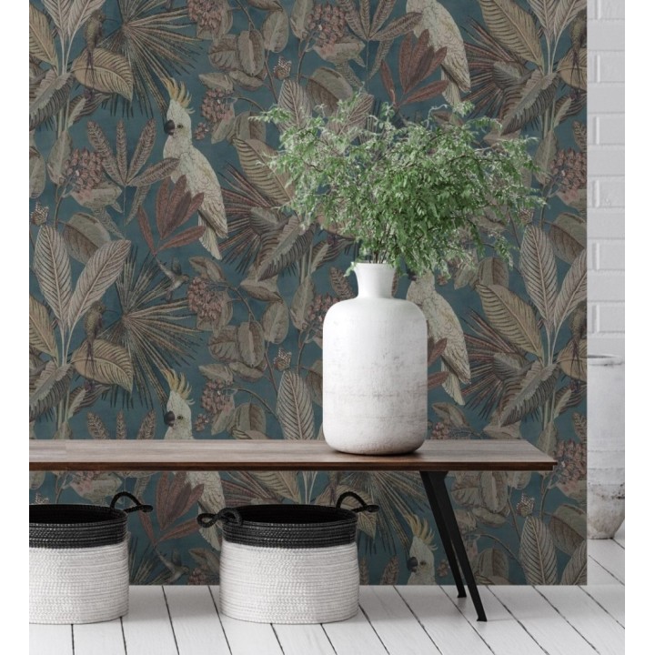 Papel pintado de cacatúas loros y hojas estilo selva tropical - Caledonia Birds 128307