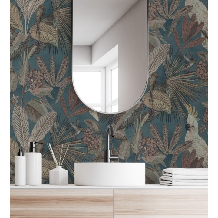 Papel pintado de cacatúas loros y hojas estilo selva tropical - Caledonia Birds 128307