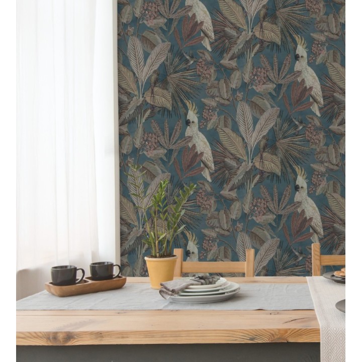 Papel pintado de cacatúas loros y hojas estilo selva tropical - Caledonia Birds 128307