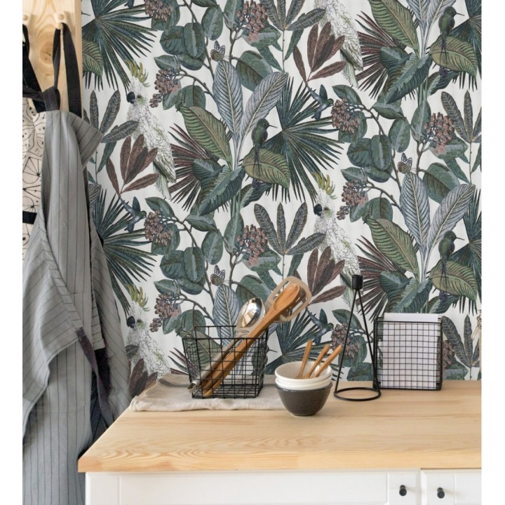 Papel pintado de cacatúas loros y hojas estilo selva tropical - Caledonia Birds 128308
