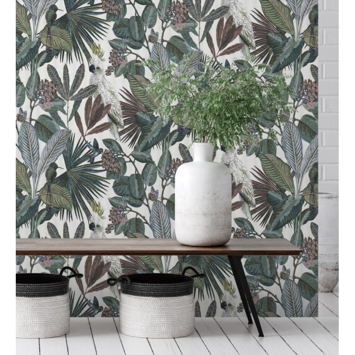 Papel pintado de cacatúas loros y hojas estilo selva tropical - Caledonia Birds 128308