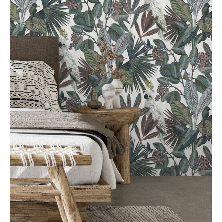 Papel pintado de cacatúas loros y hojas estilo selva tropical - Caledonia Birds 128308