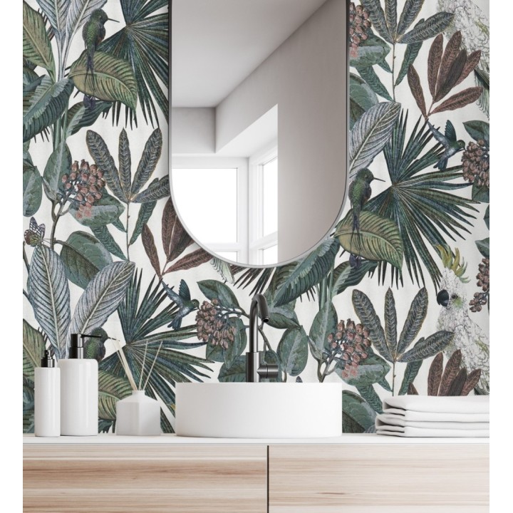 Papel pintado de cacatúas loros y hojas estilo selva tropical - Caledonia Birds 128308