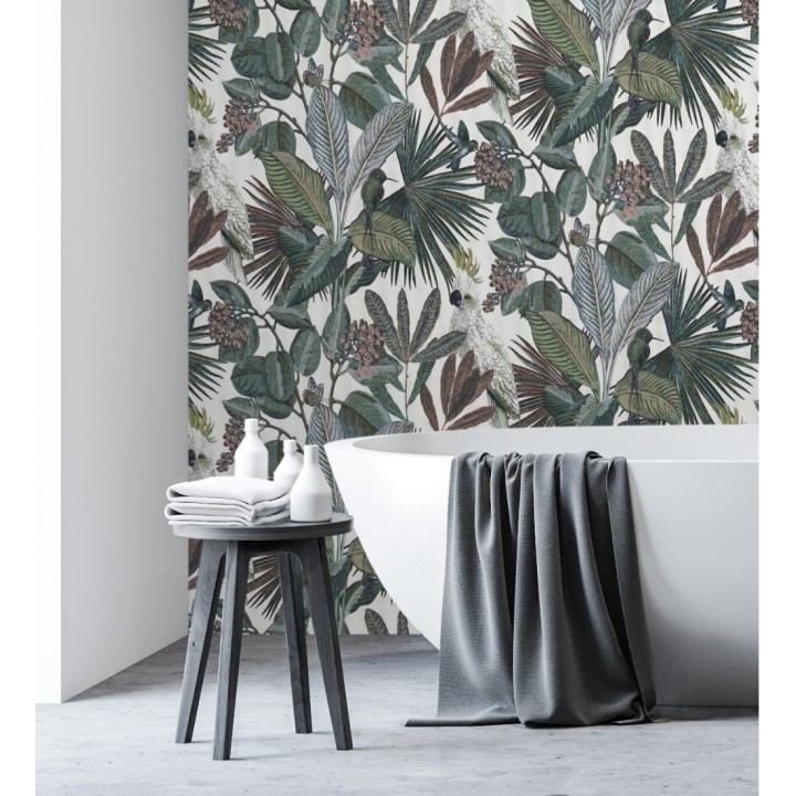 Papel pintado de cacatúas loros y hojas estilo selva tropical - Caledonia Birds 128308
