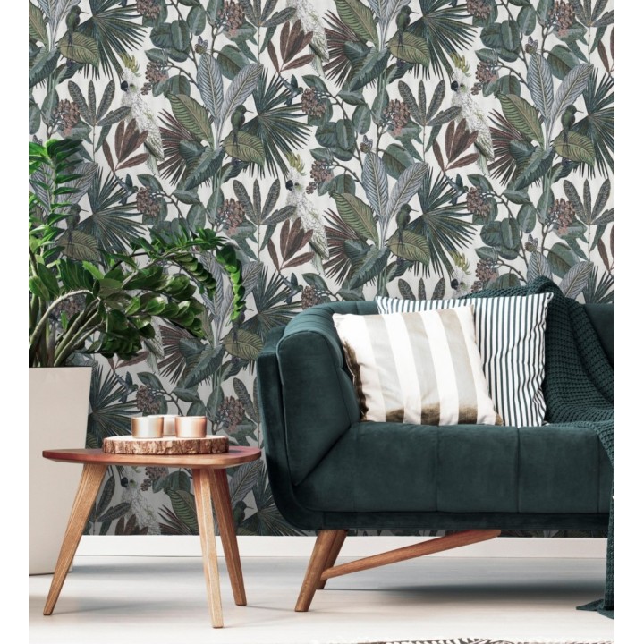 Papel pintado de cacatúas loros y hojas estilo selva tropical - Caledonia Birds 128308