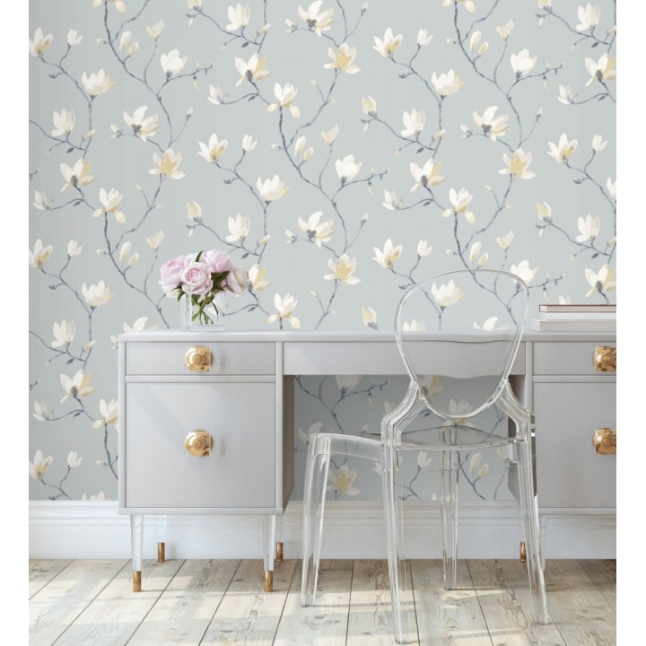 Papel pintado flores de jazmines fondo verde agua estilo nórdico - Jasmine Flowers 128312