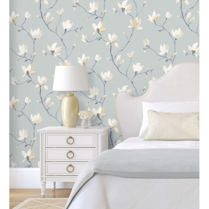 Papel pintado flores de jazmines fondo verde agua estilo nórdico - Jasmine Flowers 128312