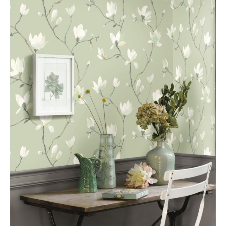 Papel pintado flores de jazmines fondo verde estilo nórdico - Jasmine Flowers 128314