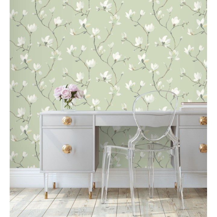 Papel pintado flores de jazmines fondo verde estilo nórdico - Jasmine Flowers 128314