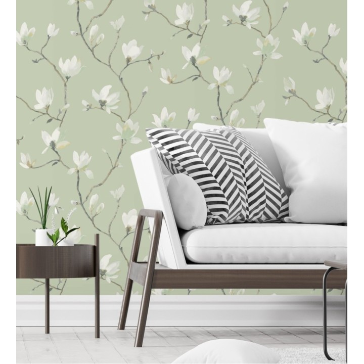 Papel pintado flores de jazmines fondo verde estilo nórdico - Jasmine Flowers 128314