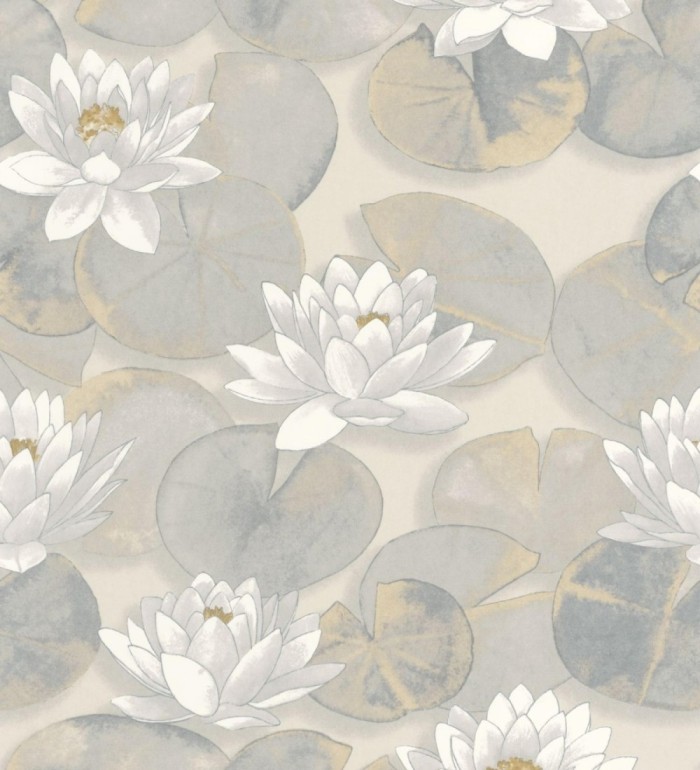 Papel pintado flor de loto blanca fondo beige cálido y gris estilo naturaleza - Monet Gardens 128316