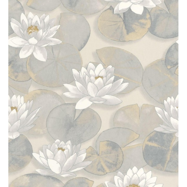 Papel pintado flor de loto blanca fondo beige cálido y gris estilo naturaleza - Monet Gardens 128316