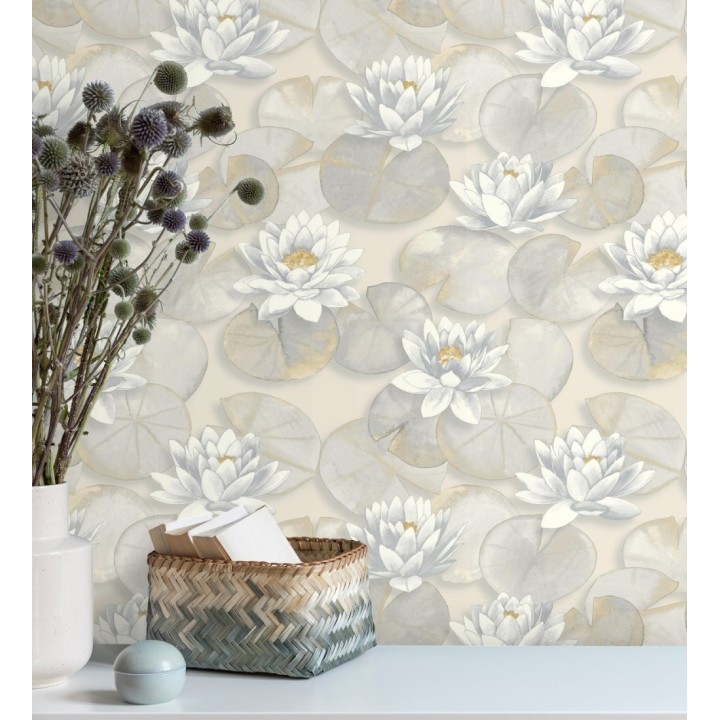 Papel pintado flor de loto blanca fondo beige cálido y gris estilo naturaleza - Monet Gardens 128316