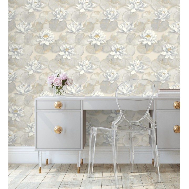 Papel pintado flor de loto blanca fondo beige cálido y gris estilo naturaleza - Monet Gardens 128316