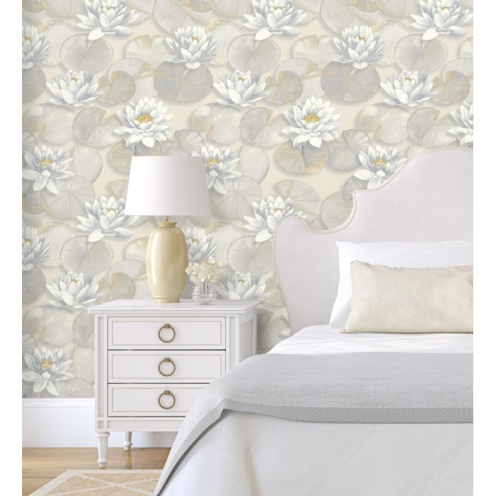 Papel pintado flor de loto blanca fondo beige cálido y gris estilo naturaleza - Monet Gardens 128316