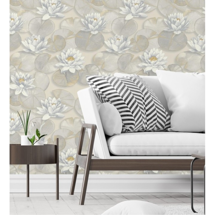 Papel pintado flor de loto blanca fondo beige cálido y gris estilo naturaleza - Monet Gardens 128316