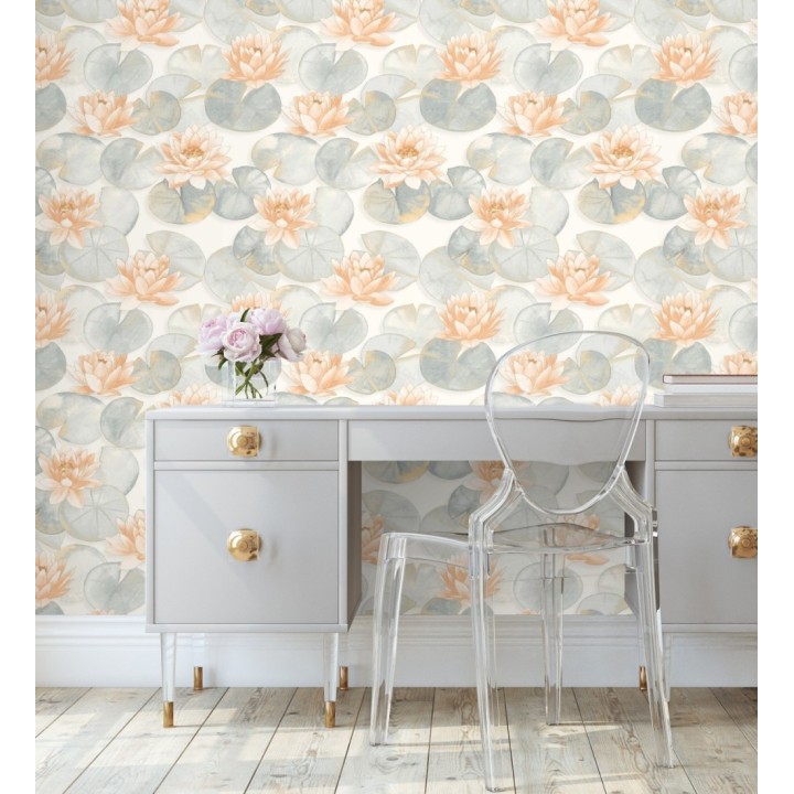 Papel pintado flor de loto color coral estilo naturaleza - Monet Gardens 128317