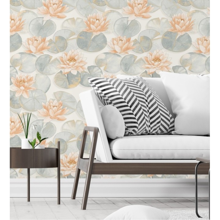 Papel pintado flor de loto color coral estilo naturaleza - Monet Gardens 128317