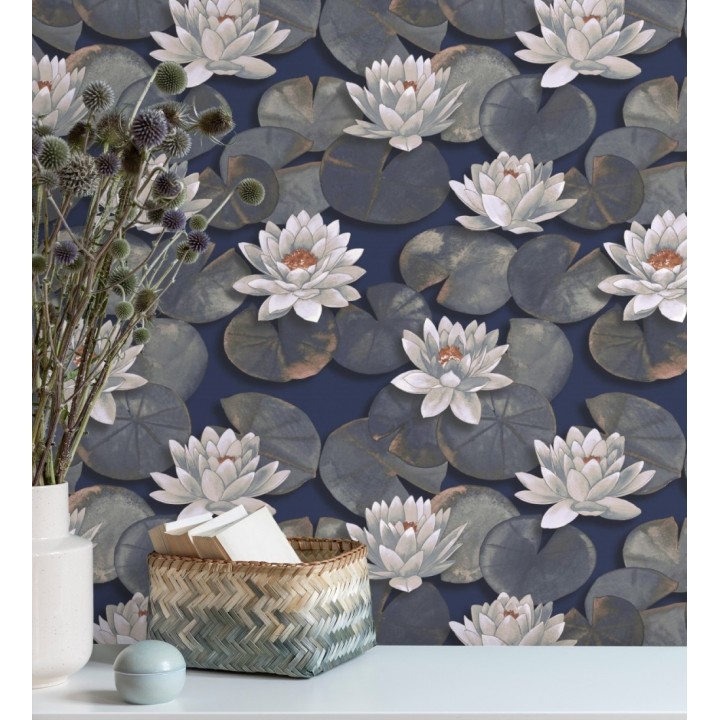 Papel pintado flor de loto blanca fondo azul estilo naturaleza - Monet Gardens 128318