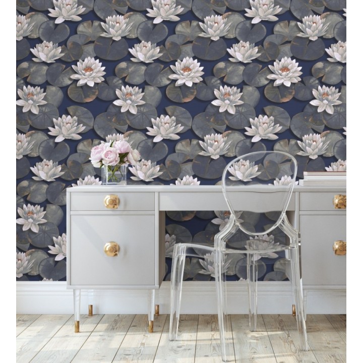 Papel pintado flor de loto blanca fondo azul estilo naturaleza - Monet Gardens 128318