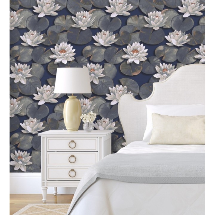 Papel pintado flor de loto blanca fondo azul estilo naturaleza - Monet Gardens 128318