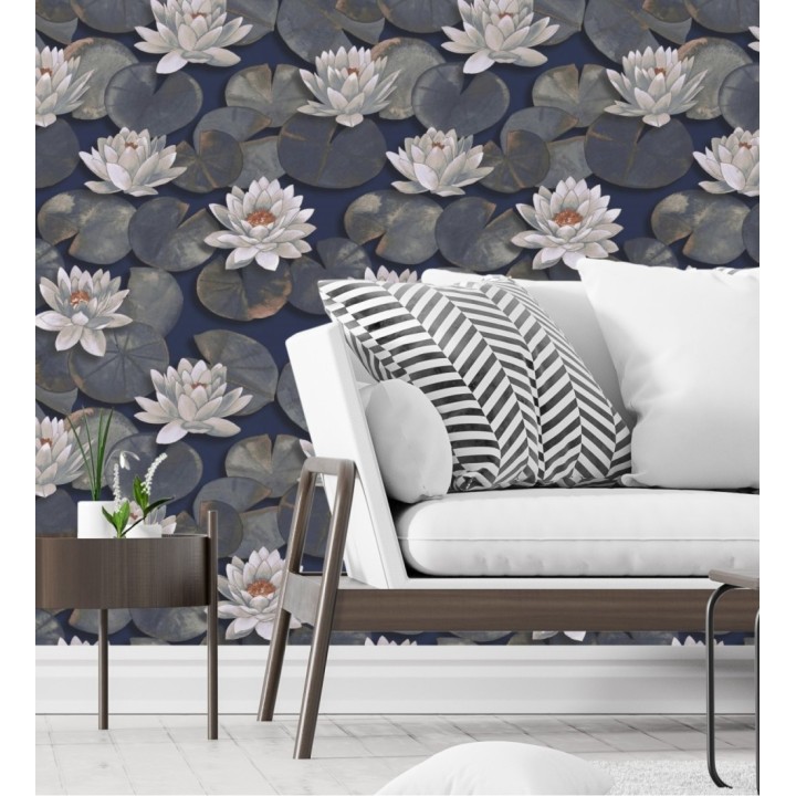 Papel pintado flor de loto blanca fondo azul estilo naturaleza - Monet Gardens 128318