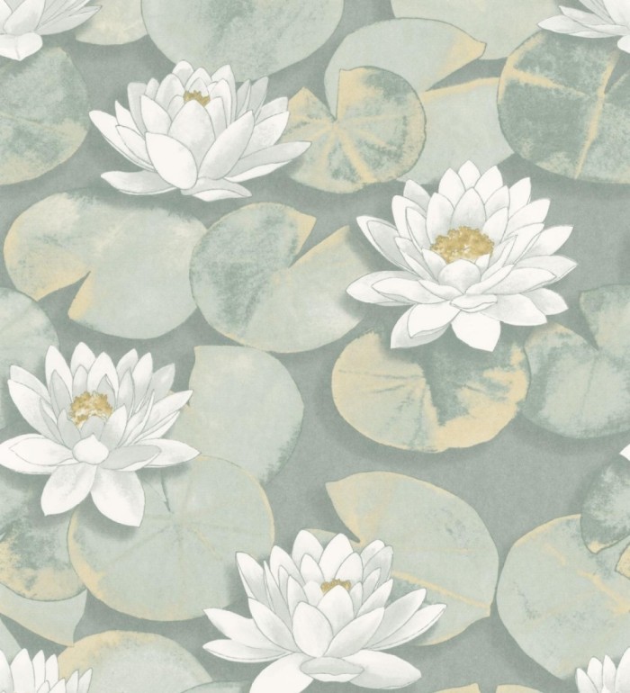 Papel pintado flor blanca fondo verde estilo naturaleza - Monet Gardens 128319