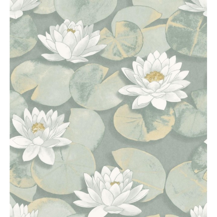 Papel pintado flor blanca fondo verde estilo naturaleza - Monet Gardens 128319