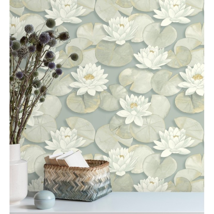 Papel pintado flor blanca fondo verde estilo naturaleza - Monet Gardens 128319