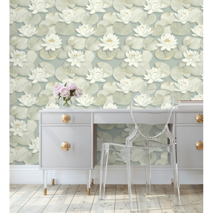 Papel pintado flor blanca fondo verde estilo naturaleza - Monet Gardens 128319