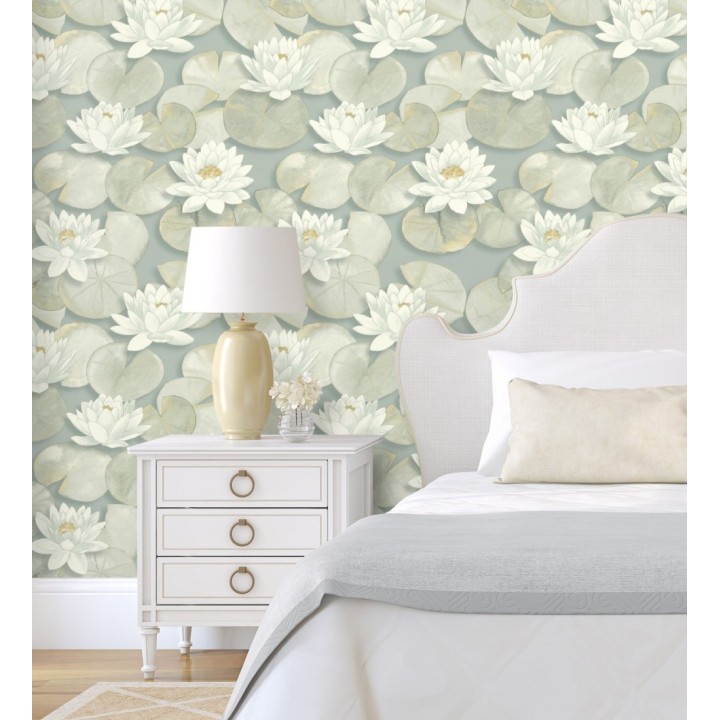 Papel pintado flor blanca fondo verde estilo naturaleza - Monet Gardens 128319