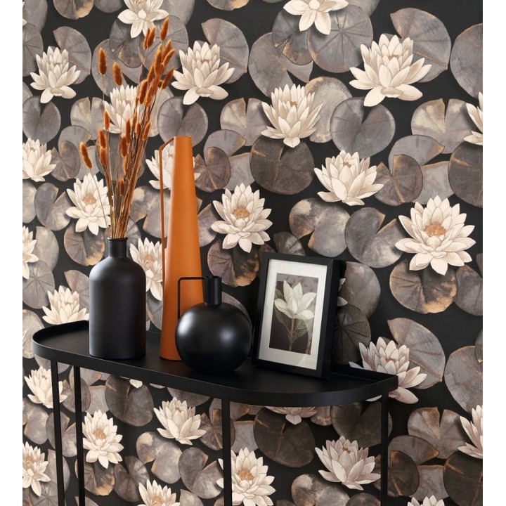 Papel pintado flor de loto fondo negro estilo naturaleza - Monet Gardens 128320