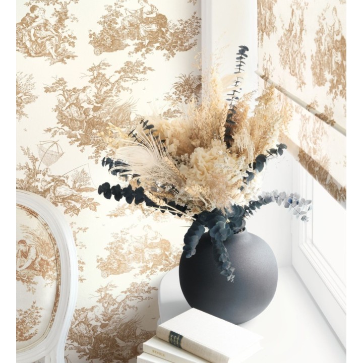 Papel pintado Toile de Jouy ocre fondo blanco roto estilo francés - Chambord 128334